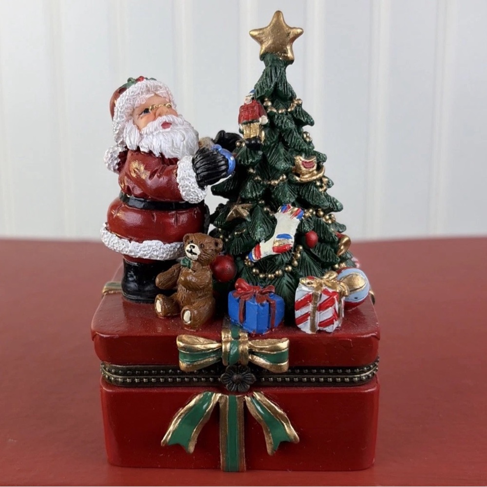 Santa Toys & Presents w/ Tree on Red Gift Ceramic Christmas Hinged Trinket Box